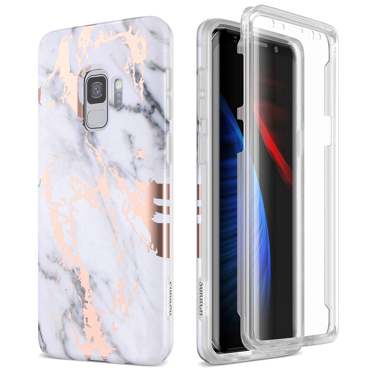 SURITCH Case for Galaxy S9, [Built-in Screen Protector] Full-Body Protection Shockproof Rugged Bumper Protective Cover for Samsung Galaxy S9 5.8 Inch (Gold Marble)