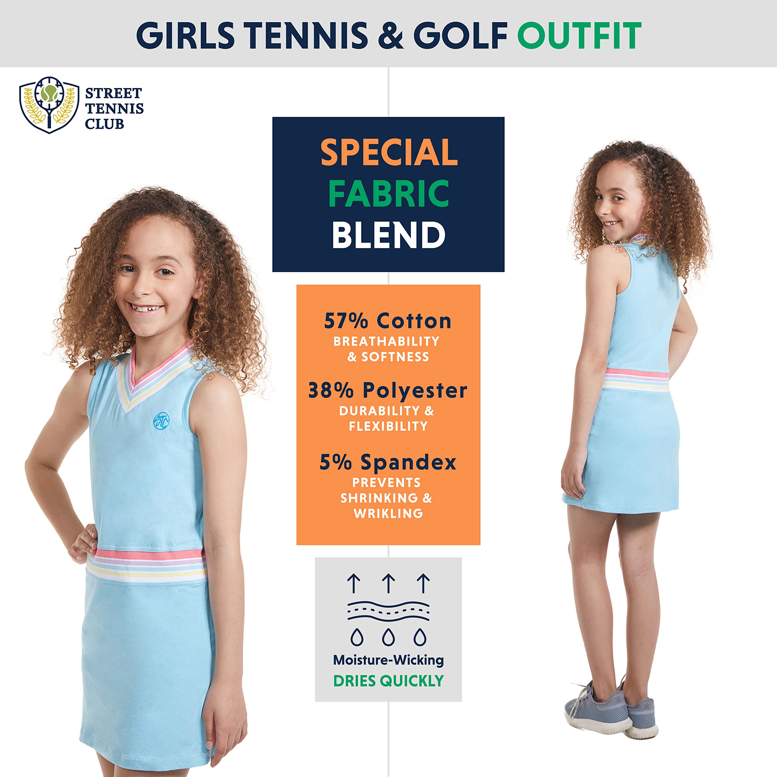 Street Tennis Club Girls Tennis Dress & Golf Outfit, Athletic Skirts Dress with Built-in Shorts - Girls Active Golf and Tennis Clothes Blue Medium (8-9 Years)