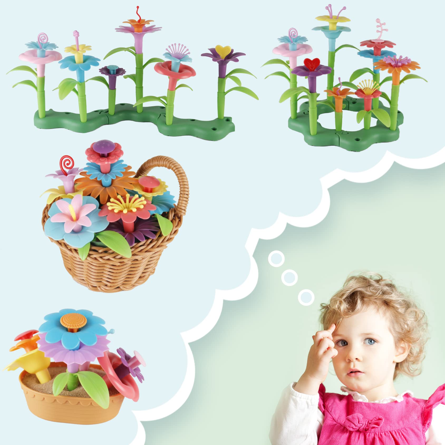 BIRANCO. Flower Garden Building Toys - Build a Bouquet Floral Arrangement Playset for Toddlers and Kids Gifts Age 3, 4, 5, 6 Year Old Girls, Educational STEM Toy (120 PCS)