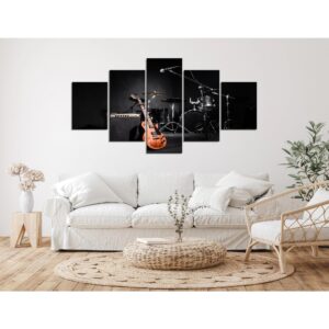 Modern Musical Instruments during Concert Canvas Prints Wall Art Large Black and White Poster with Frame Bedroom Decor Rock Picture Guitar Painting Artwork Decoration Ready to Hang(60''Wx32''H)