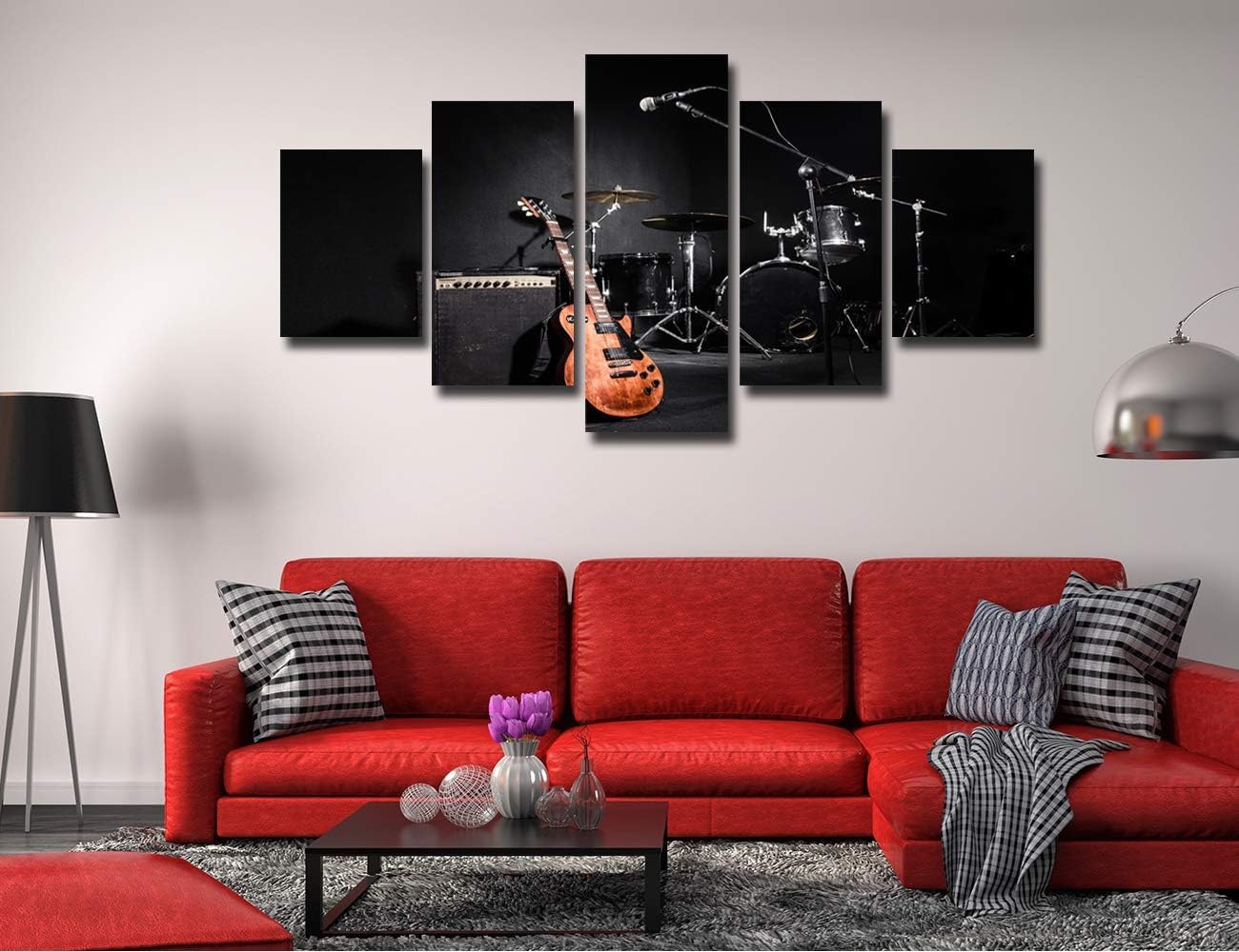 Modern Musical Instruments during Concert Canvas Prints Wall Art Large Black and White Poster with Frame Bedroom Decor Rock Picture Guitar Painting Artwork Decoration Ready to Hang(60''Wx32''H)