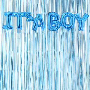 Blue Metallic Fringe Curtains & It's A Boy Foil Balloon Kit- Baby Shower Decorations Blue Wall Decoration Pastel Blue Photo Prop Backdrop Boys Birthday Party (Blue, Pack of 2)