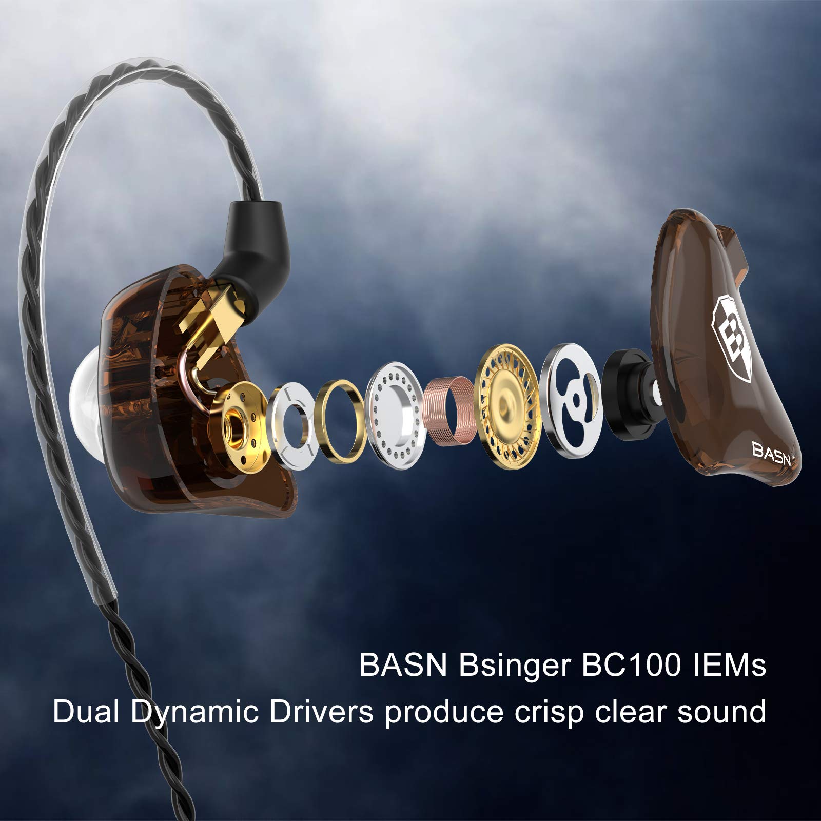 BASN in-Ear Monitor Headphones Dual Dynamic Drivers in Ear Earphones Detachable MMCX Cable Musicians in-Ear Earbuds Headphones (BC100 Brown, with no Mic)