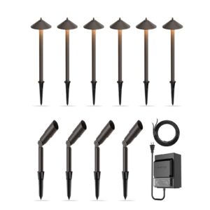 malibu landscape lighting kit with 150w low voltage outdoor transformer & 12v halogen 6pk 10w bronze pathway lights & 4pk metal 20w flooding lights/spotlights warm white & 75feet #16 wire for patio