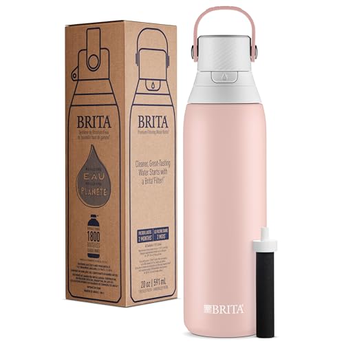 Brita Stainless Steel Premium Filtering Water Bottle, BPA-Free, Reusable, Insulated, Replaces 300 Plastic Water Bottles, Filter Lasts 2 Months or 40 Gallons, Includes 1 Filter, Rose - 20 oz.