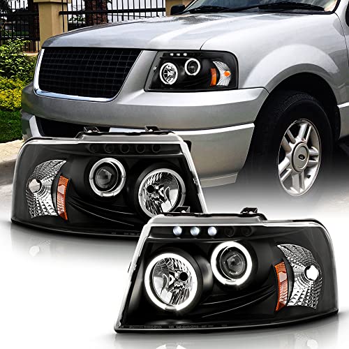 ACANII - For 2003-2006 Ford Expedition LED Halo Black Housing Projector Headlights Headlamps, Driver & Passenger Side