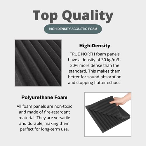 TRUE NORTH Acoustic Foam Panels 12 Pack w/Adhesive - (1"& 2" Thick) Acoustic Panels Sound Absorbing Panel - Sound Panels Noise Reducing For Walls - Sound Foam Panels, Sound Pads For Walls, Noise Foam