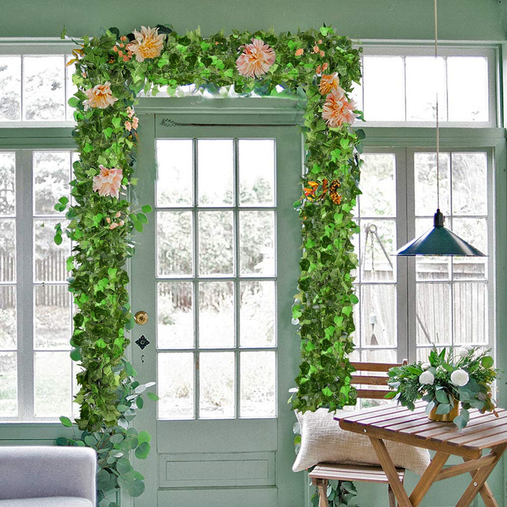 DearHouse 12 Strands Artificial Ivy Leaf Plants Vine Hanging Garland Fake Foliage for Home Kitchen Office Room Wall Decor, 91 Feet