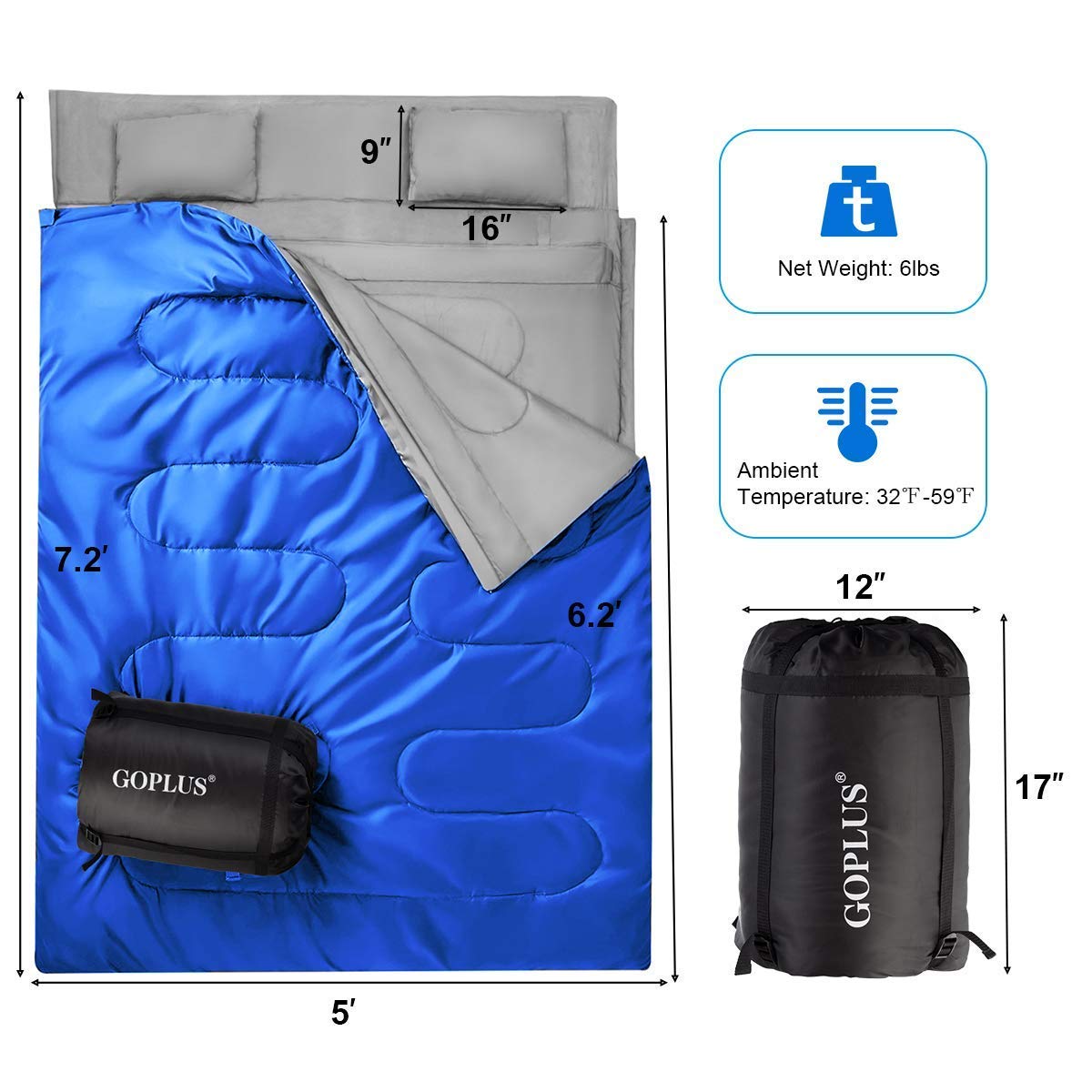 Goplus Double Sleeping Bag Waterproof Portable 2 Person Sleeping Bags with 2 Pillows & Carrying Bag, Queen Size XL 3-4 Season for Adults Teens Camping Traveling Hiking Outdoor Activities (Blue)