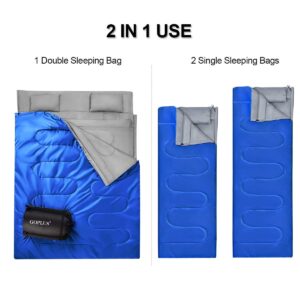 Goplus Double Sleeping Bag Waterproof Portable 2 Person Sleeping Bags with 2 Pillows & Carrying Bag, Queen Size XL 3-4 Season for Adults Teens Camping Traveling Hiking Outdoor Activities (Blue)