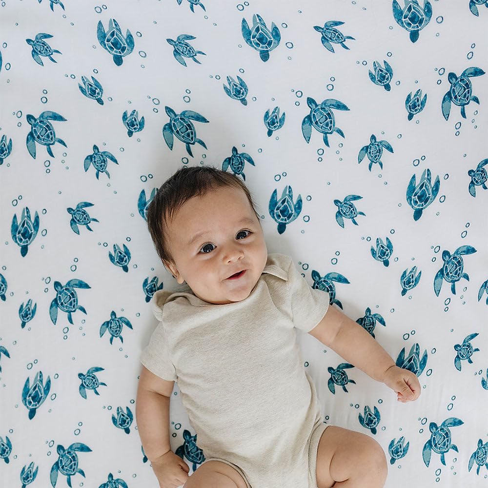 Bebe au Lait Oh So Soft Cotton Blend Breathable Muslin Crib Sheet, Baby Crib Sheet, Breathable Crib Sheets, Premium Quality Fabric, Gentle on Baby's Skin, Fits Standard Crib Mattress - Sea Turtle