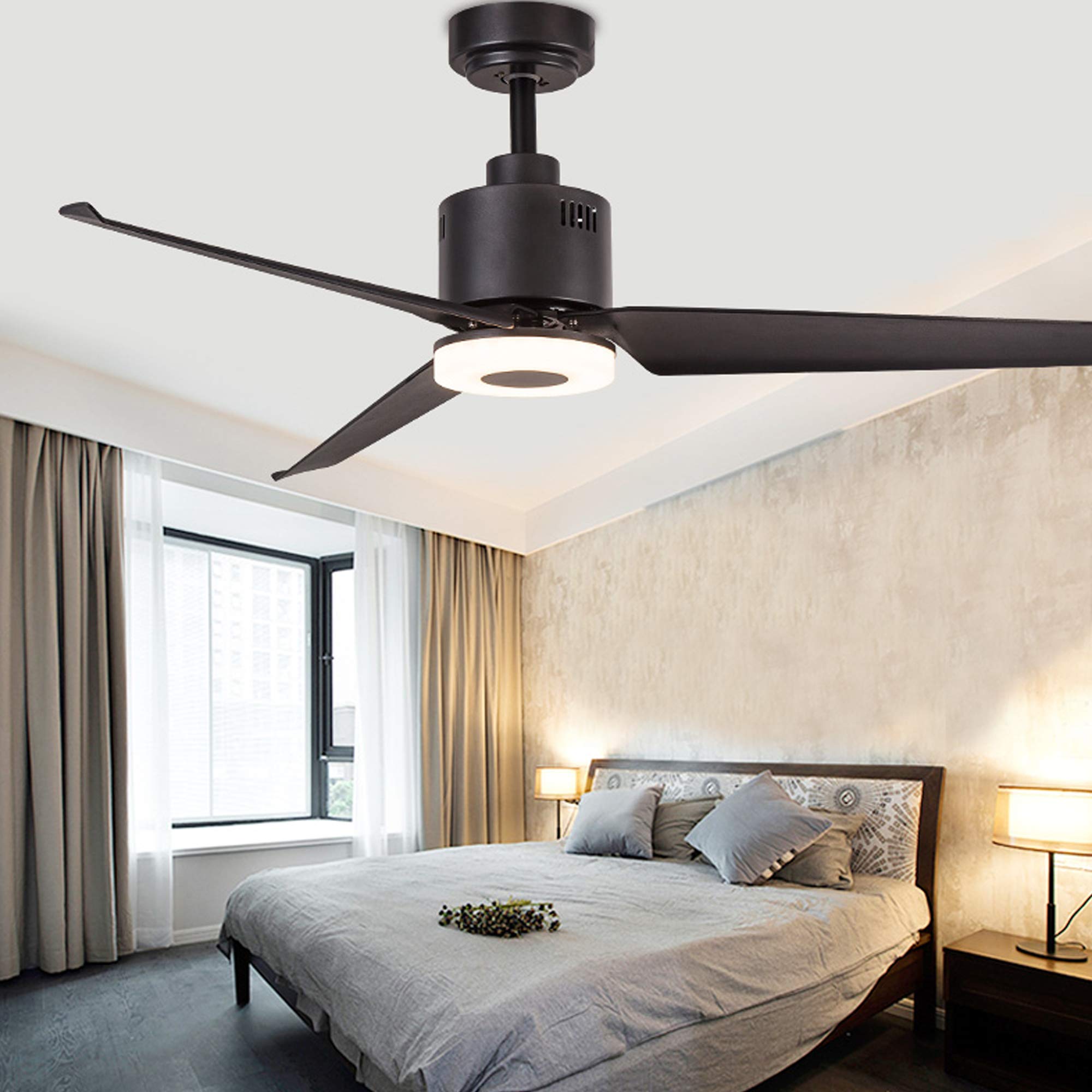 FINXIN Indoor Ceiling Fan Light Fixtures Black Remote LED 52 Ceiling Fans For Bedroom,Living Room,Dining Room Including Motor,3-Blades,Remote Switch