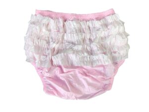 haian adult frilly plastic rumba incontinence pull-on plastic pants with white pvc frilly (medium, baby pink)
