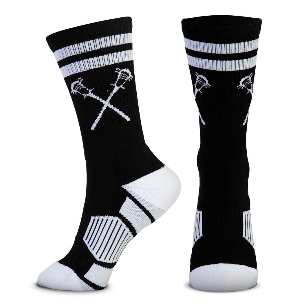 ChalkTalkSPORTS Lacrosse Woven Mid-Calf Socks | Retro Crossed Sticks | Black & White