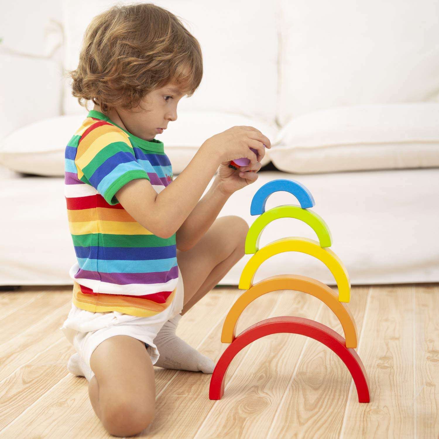 Lewo Wooden Rainbow Stacker Nesting Puzzle Blocks Educational Toys for Kids Baby Toddlers