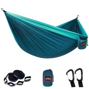 camping hammock, anortrek lightweight portable single & double hammock with tree straps [10 ft/18+1 loops], parachute hammock for camping, hiking, garden, yard (dark blue&blue, double 78''w x 118''l)