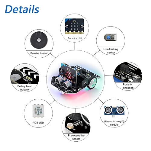 FREENOVE Micro:Rover Kit for BBC Micro:bit (V2 Included), Obstacle Avoidance, Light-tracing, Line-Tracking, Remote Control, Playing Melody, Colorful Lights, Rich Projects, Blocks and Python Code