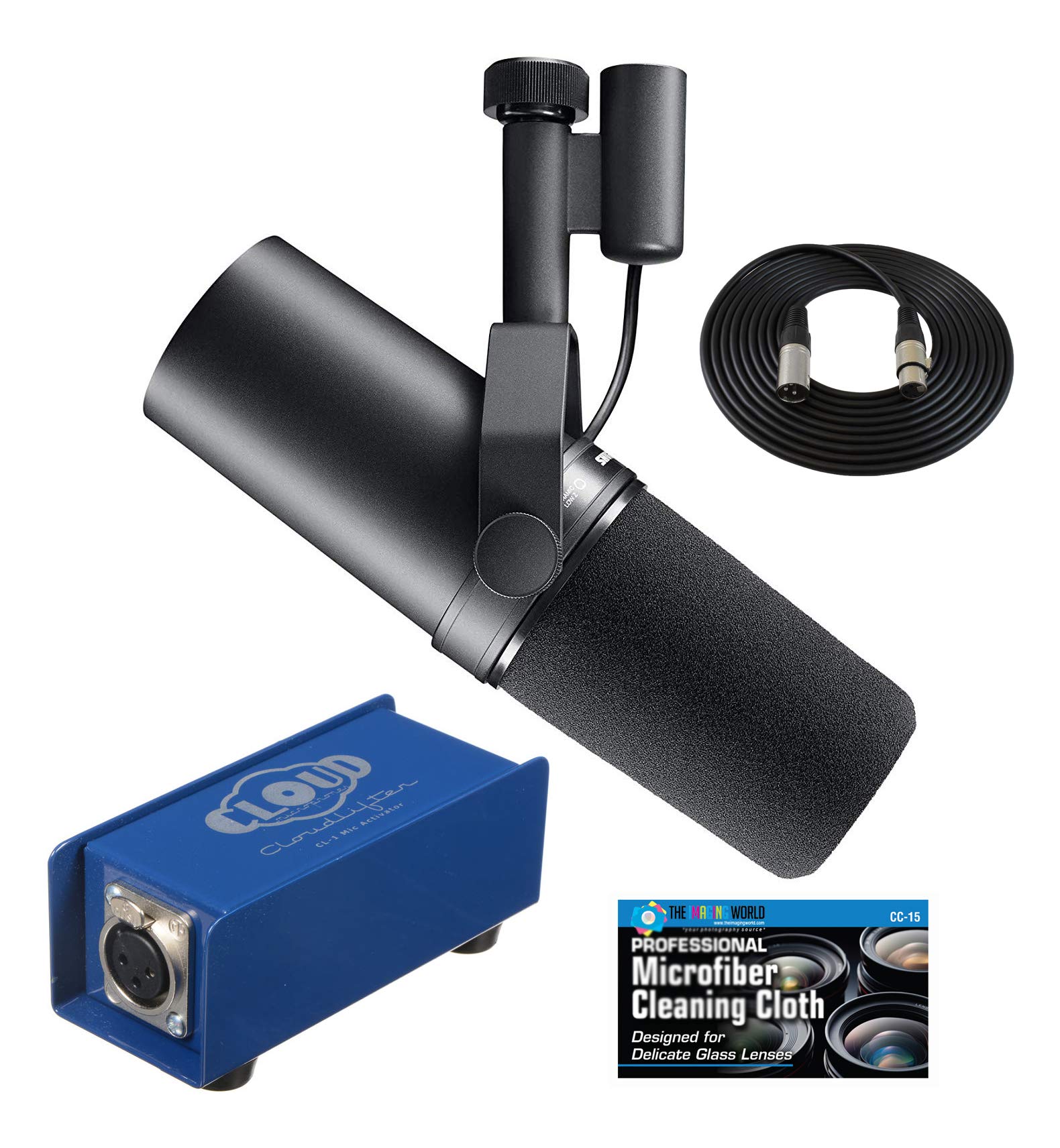 Shure SM7B Vocal Microphone with Cloud Microphones Cloudlifter CL-1 Mic Activator and Extra 10' XLR Cable Bundle