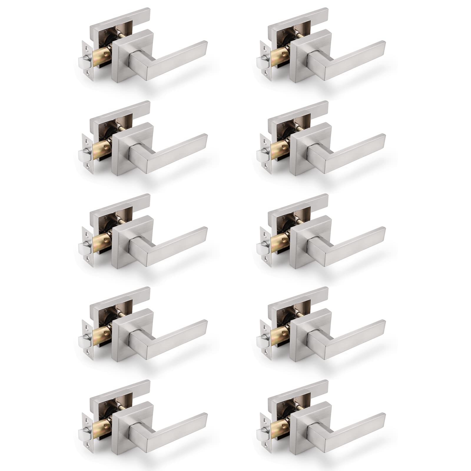 Gobrico 10 Pack Square Rosette Passage Door Handles,Interior Door Locks for Hall/Closet,Satin Nickel Finished