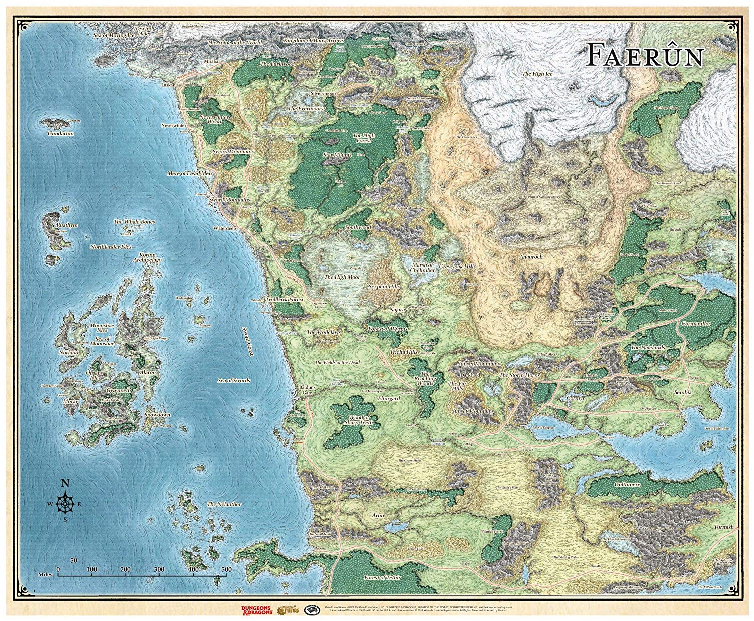 Gale Force Nine Dungeons & Dragons Sword Coast Adventuer's Guide Faerun Map, Multi-Colored