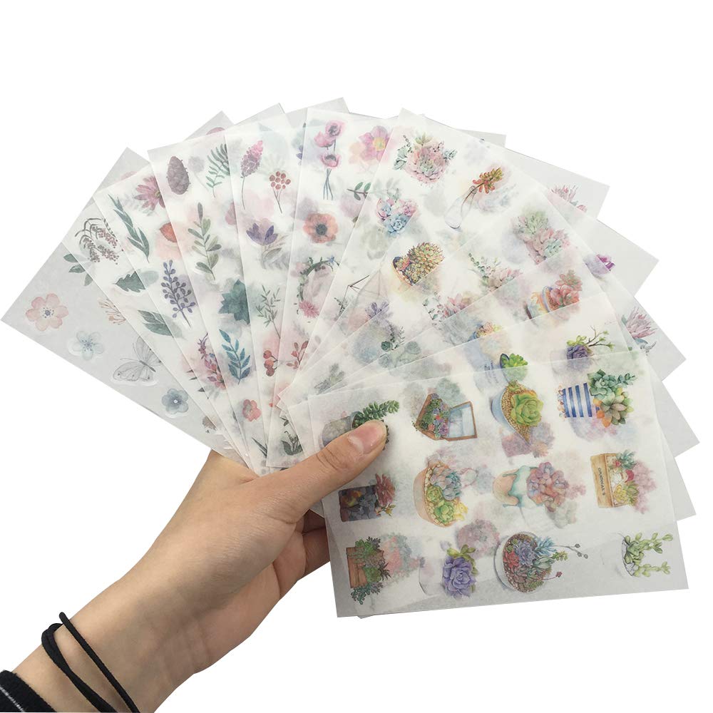 Plant Stickers 24 Sheets 520 Non-Repeating Green Cute Cactus Watercolor Plant Decorative Stickers for Stationery Stick Label DIY Diary Scrapbook Planner Album Journal Laptop Decoration