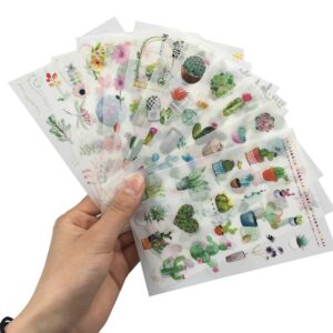 Plant Stickers 24 Sheets 520 Non-Repeating Green Cute Cactus Watercolor Plant Decorative Stickers for Stationery Stick Label DIY Diary Scrapbook Planner Album Journal Laptop Decoration