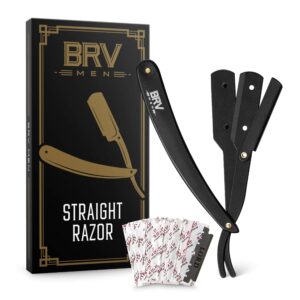 brv men professional straight edge barber razor w/ 100 lord platinum single edge razor blades | straight razors for men | barbershop accessories | mens shaving knife & shavette - black