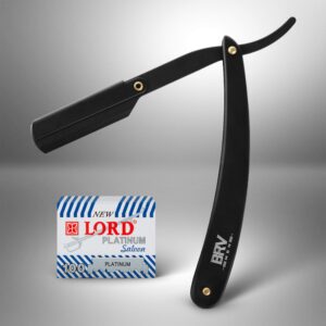 BRV MEN Professional Straight Edge Barber Razor w/ 100 Lord Platinum Single Edge Razor Blades | Straight Razors for Men | Barbershop Accessories | Mens Shaving Knife & Shavette - Black