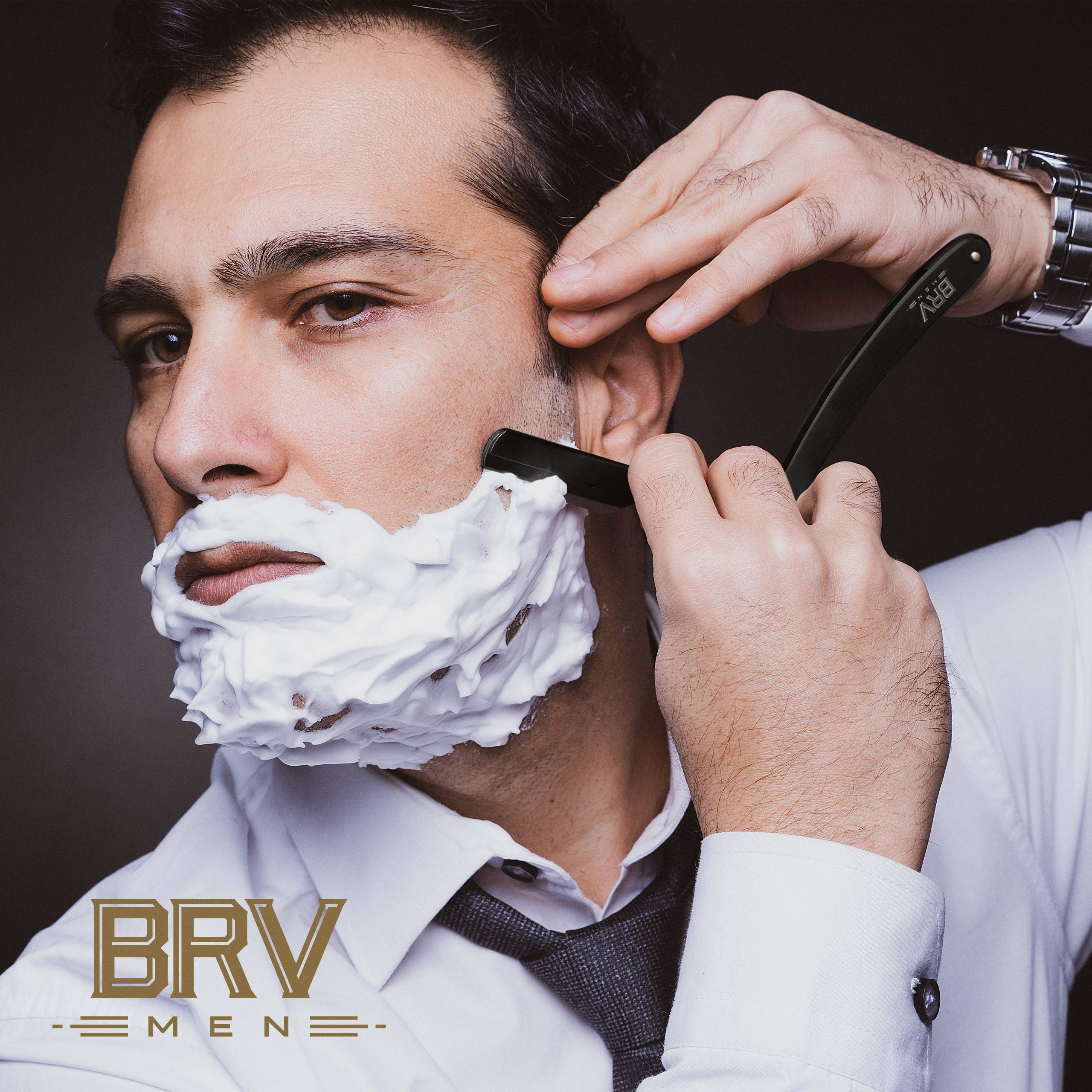 BRV MEN Professional Straight Edge Barber Razor w/ 100 Lord Platinum Single Edge Razor Blades | Straight Razors for Men | Barbershop Accessories | Mens Shaving Knife & Shavette - Black