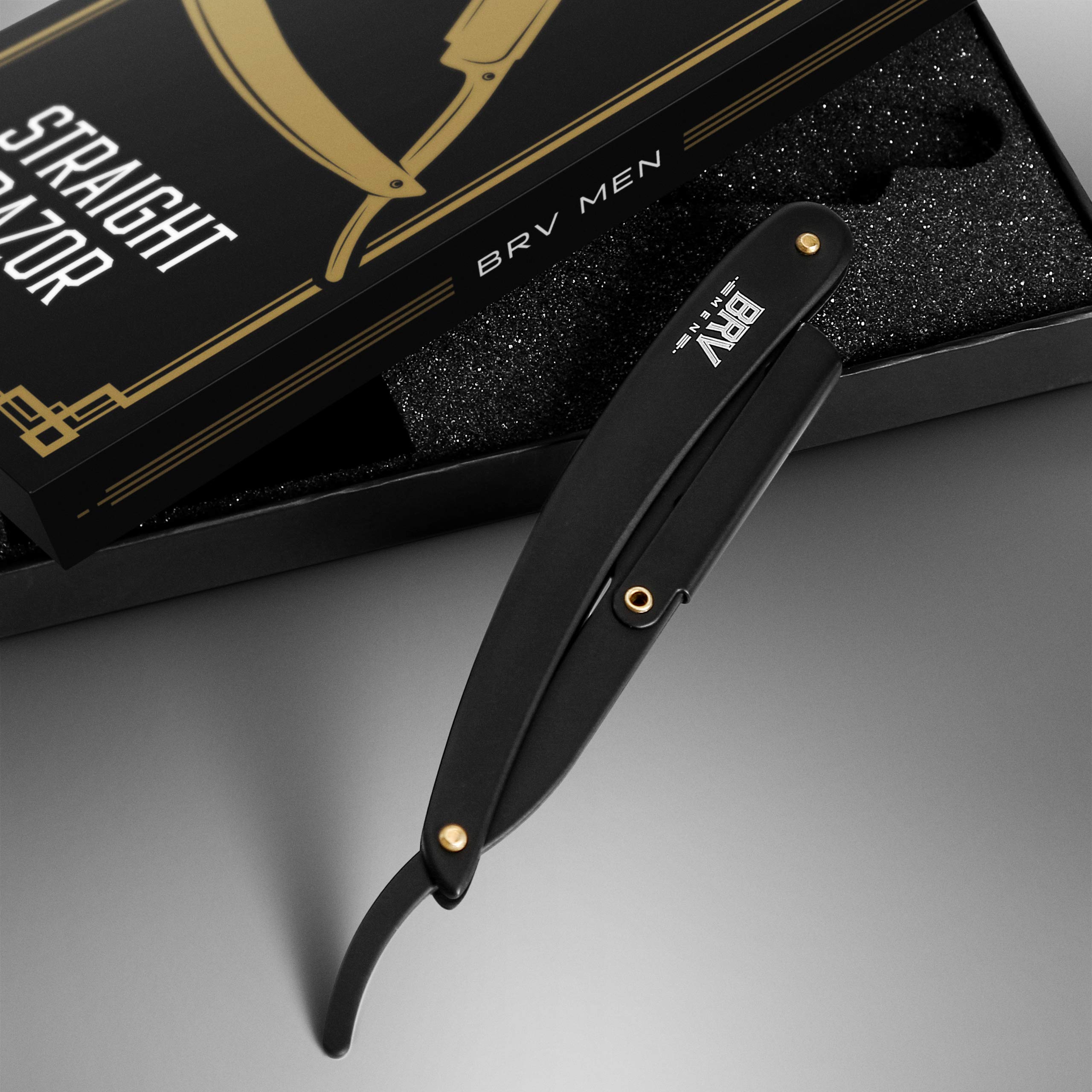 BRV MEN Professional Straight Edge Barber Razor w/ 100 Lord Platinum Single Edge Razor Blades | Straight Razors for Men | Barbershop Accessories | Mens Shaving Knife & Shavette - Black