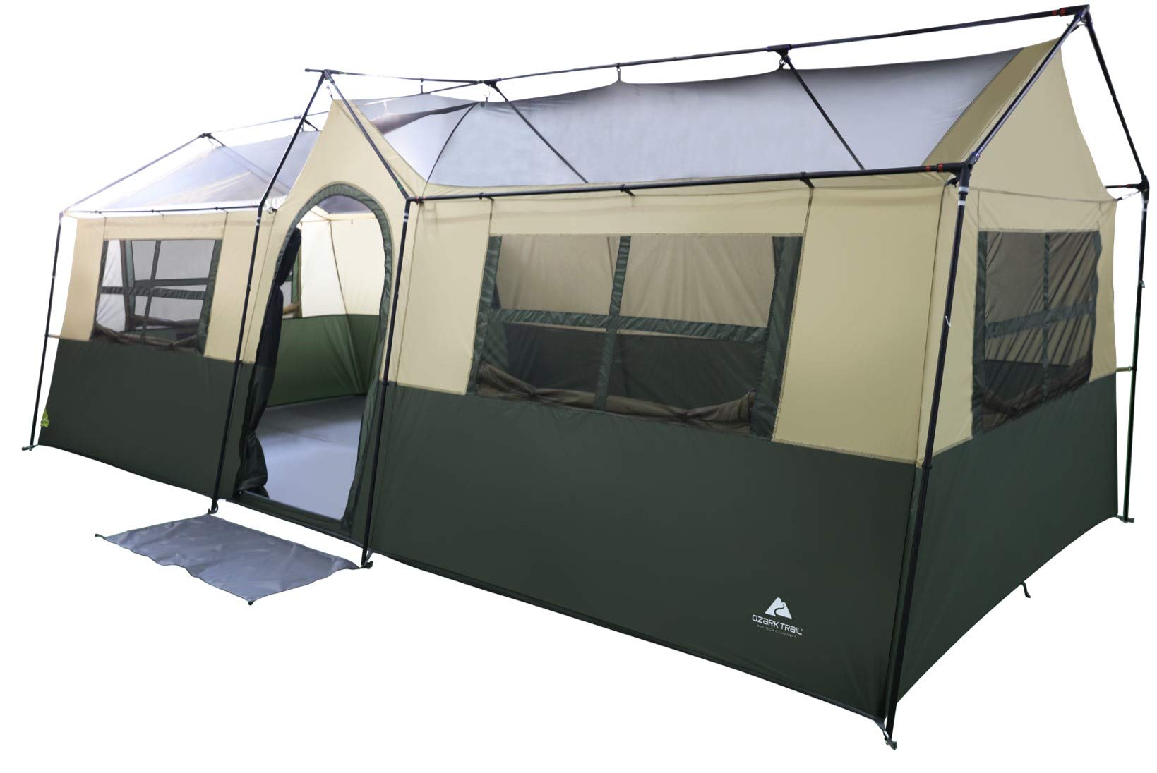 Spacious and Comfortable Ozark Trail Hazel Creek 12 Person Cabin Tent,with Two Closets with Hanging Organizers,Room Dividers,Mud Mat,E-Port and Rolling Storage Duffel for Convenience,Green