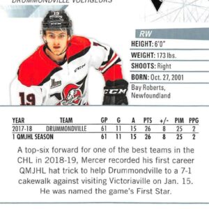 2018-19 Upper Deck CHL Hockey #292 Dawson Mercer Drummondville Voltigeurs Official Canadian Hockey League Trading Card from UD