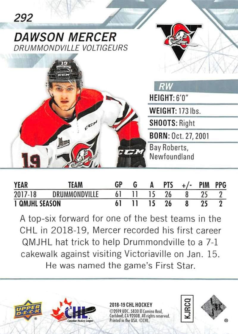 2018-19 Upper Deck CHL Hockey #292 Dawson Mercer Drummondville Voltigeurs Official Canadian Hockey League Trading Card from UD