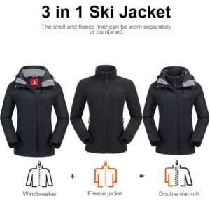 CAMEL CROWN Women's Ski Jacket Waterproof 3 in 1 Winter Jacket Windproof Warm Fleece Hooded Snowboard Mountain Snow Coat