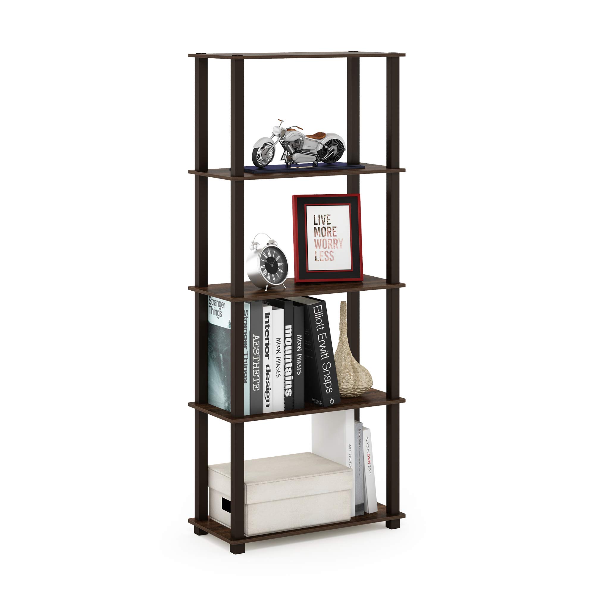 Furinno Turn-N-Tube 5-Tier Multipurpose Shelf / Display Rack / Storage Shelf / Bookshelf, Square Tubes, Walnut/Brown