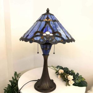 Bieye L10684 Baroque Tiffany Style Stained Glass Table Lamp with 16 inch Wide Blue Shade Double Lit for Bedside Living Room Bedroom, 24.5 inch Tall