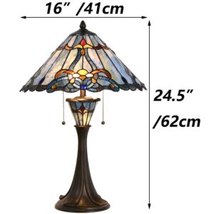 Bieye L10684 Baroque Tiffany Style Stained Glass Table Lamp with 16 inch Wide Blue Shade Double Lit for Bedside Living Room Bedroom, 24.5 inch Tall