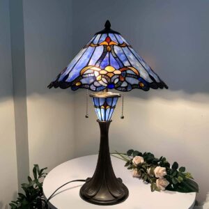 Bieye L10684 Baroque Tiffany Style Stained Glass Table Lamp with 16 inch Wide Blue Shade Double Lit for Bedside Living Room Bedroom, 24.5 inch Tall