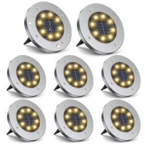 zgwj solar ground lights, 8 led garden lights disk outdoor waterproof landscape for yard walkway patio lawn driveway decoration (8 pack warm white)