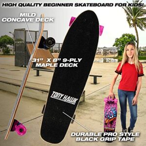 Tony Hawk 31" Complete Cruiser Skateboard, 9-ply Maple Deck Skateboard for Cruising, Carving, Tricks and Downhill, Pink Hawk