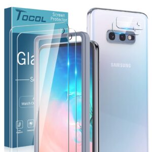 tocol [2+2 pack for samsung galaxy s10e, not for galaxy s10-2 pack tempered glass screen protector + 2 pack camera lens protector hd clarity, bubble-free, easy installation tray