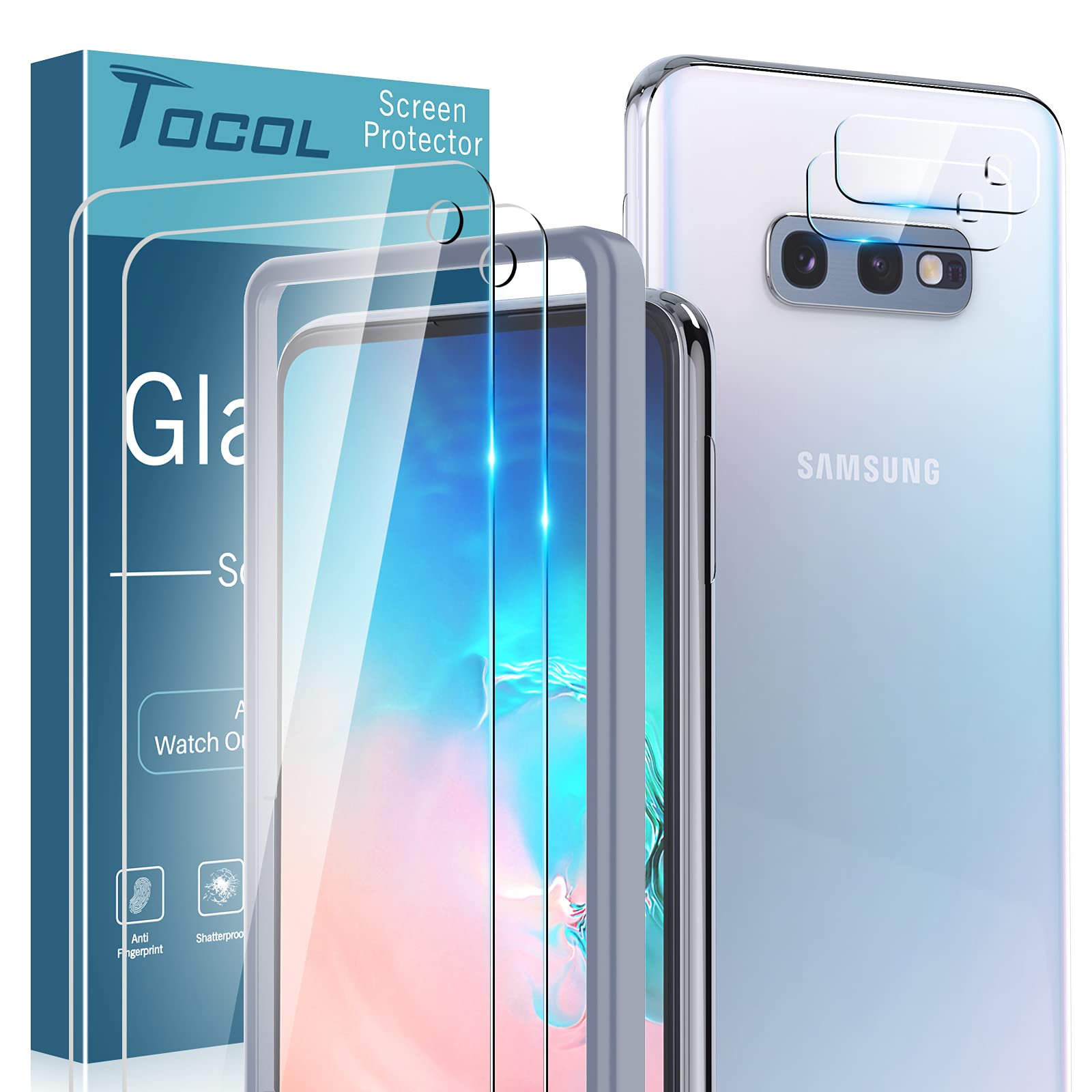 TOCOL [2+2 Pack for Samsung Galaxy S10e, Not for Galaxy S10-2 Pack Tempered Glass Screen Protector + 2 Pack Camera Lens Protector HD Clarity, Bubble-Free, Easy Installation Tray