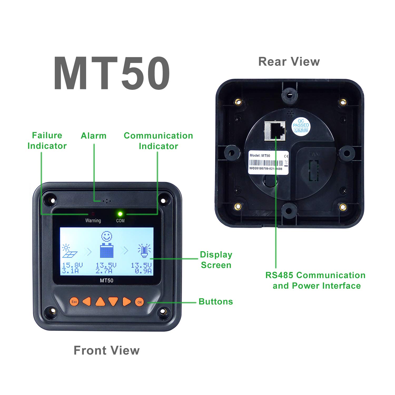 EPEVER MT50 Remote Meter Only Suitable Brand Tracer-an/BN Series and Triron-N, Xtra, LS-B, VS-BN, eTracer, iTracer, Tracer-BPL Monitor and Set Parameter of Solar Charge Controller