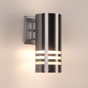 outdoor wall sconce,cylinder wall light with stainless steel 304 and toughened glass,waterproof up down light for garden patio bedroom living room (silver, 8.7" height,no bulbs)