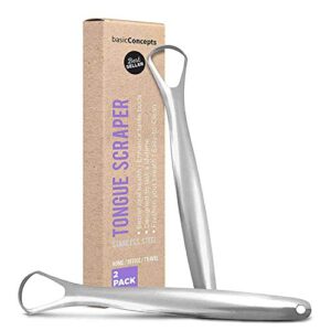 BASIC CONCEPTS Tongue Scraper for Adults (2 Pack), Reduce Bad Breath (Travel Cases Included), Stainless Steel Tongue Cleaners, 100% Metal Tongue Scraper with Case Fresh Breath Tongue Cleaner Oral