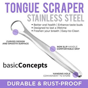 BASIC CONCEPTS Tongue Scraper for Adults (2 Pack), Reduce Bad Breath (Travel Cases Included), Stainless Steel Tongue Cleaners, 100% Metal Tongue Scraper with Case Fresh Breath Tongue Cleaner Oral