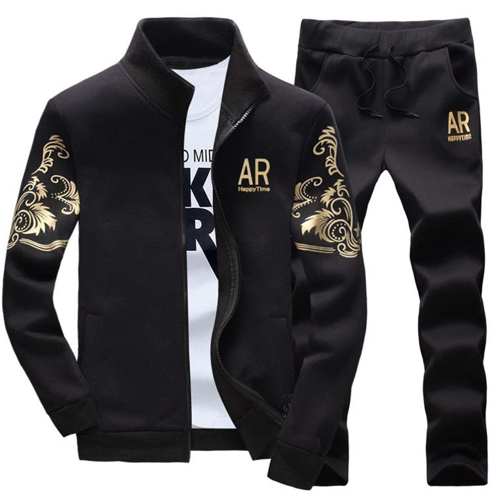 AOTORR Men's Casual Sweat Suit Set Full Zip Tracksuit Jogging Running Sportswear Black XL