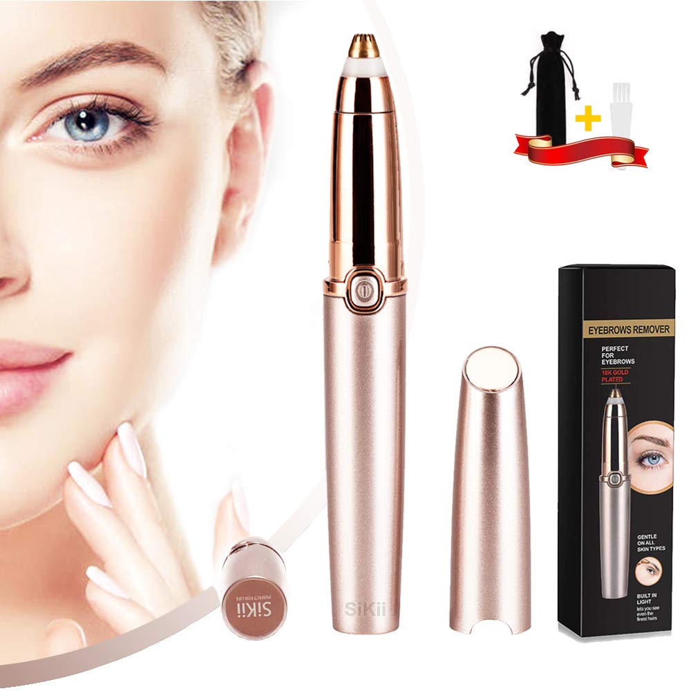 SiKii Eyebrow Hair Remover, Painless-Precision Eyebrow Trimmer Brows Epilator Eye Brow Facial Face Razor for Face Lips Nose Facial Hair Removal with LED Light for Women Men (Rose Gold)