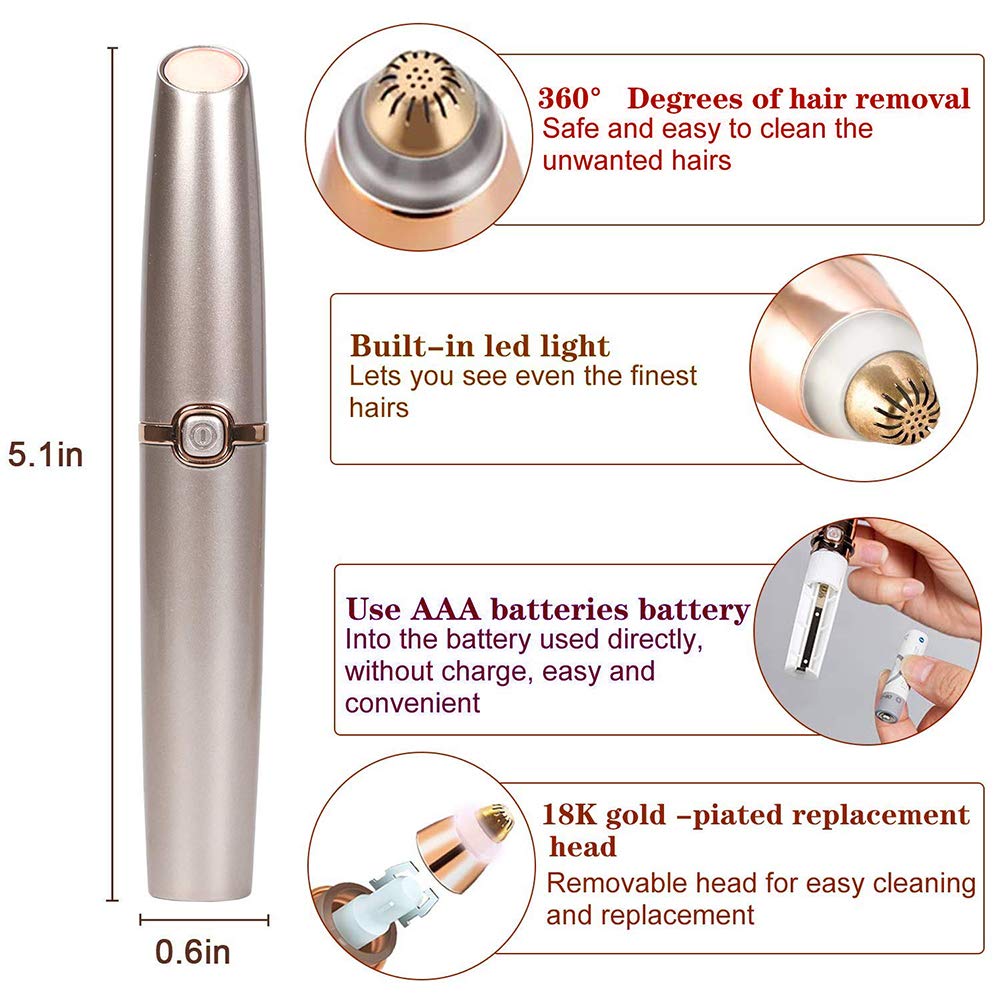 SiKii Eyebrow Hair Remover, Painless-Precision Eyebrow Trimmer Brows Epilator Eye Brow Facial Face Razor for Face Lips Nose Facial Hair Removal with LED Light for Women Men (Rose Gold)