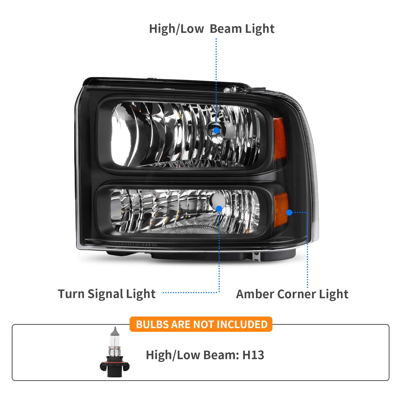 DWVO Headlights Assembly Compatible with 2005-2007 Ford F250 F350 F450 F550 Super Duty/05 Ford Excursion Black Housing Clear Lens